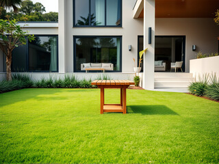 A contemporary house surrounded by a lush green lawn, featuring a stylish wooden table in the outdoor area.