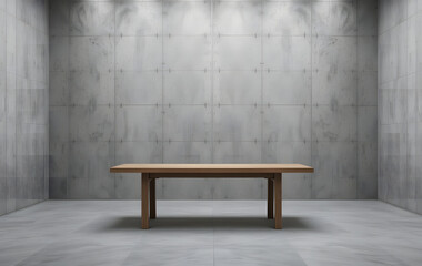 studio scene with concrete walls and a wooden table backdrop