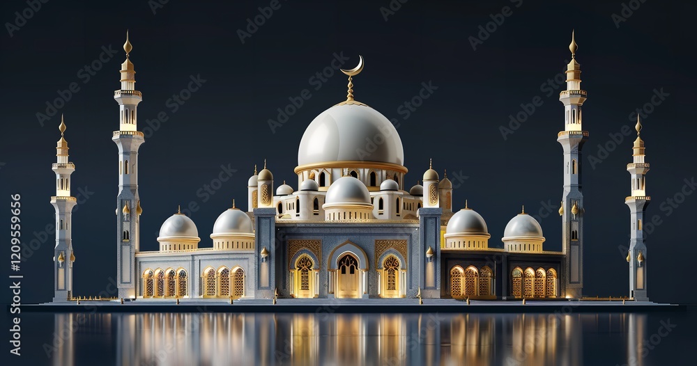 Fototapete an exquisite islamic mosque in three dimensions with a crescent moon and a border of golden ornament