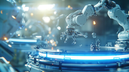 Robotic arms operate automated steel coil transport system in futuristic factory, illuminated by glowing blue lights and advanced machinery