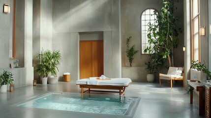 Hydrotherapy for beauty and wellness at the spa Serene spa interior with a massage table and greenery accents.