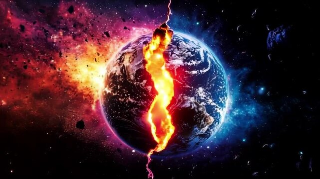A visually striking depiction of a split earth exploding amidst a cosmic explosion of colors and asteroids.