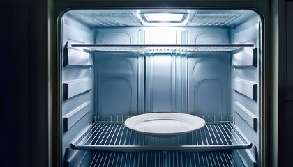 An empty plate in an empty fridge. 