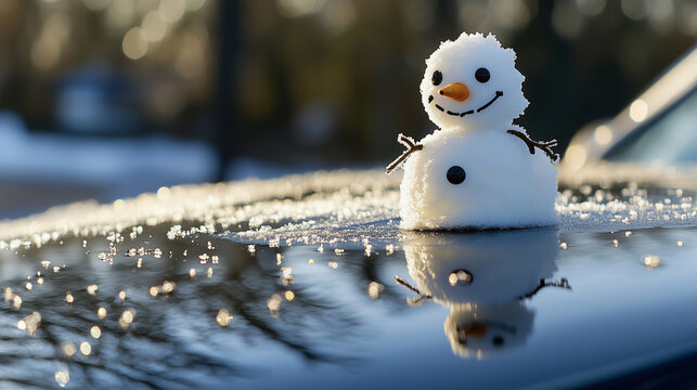 Cute melting snowman with a cheerful expression on a glossy car roof in a winter scene