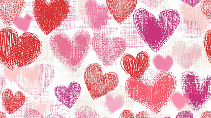 A seamless pattern of hand-drawn hearts in shades of red, pink, and purple, scattered across a textured white background, creating a playful and romantic Valentine's Day design.