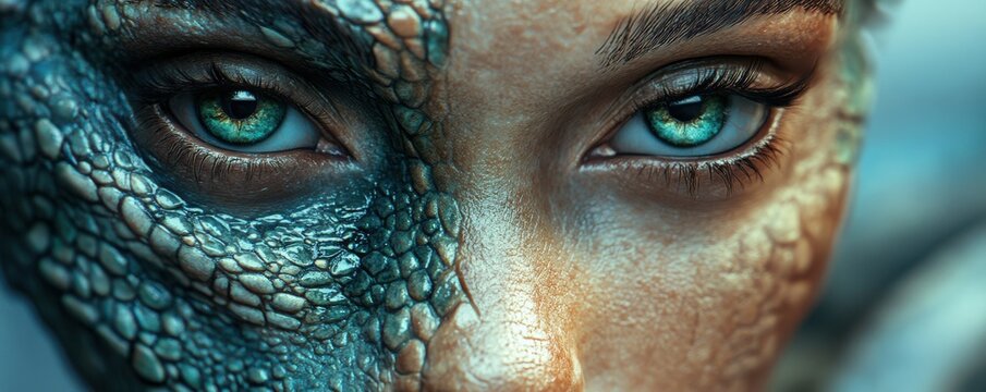 Photorealistic portrait of a lizard-human hybrid with striking reptilian skin textures and human-like eyes, blending the mysterious and alien in a surreal fashion-focused composition