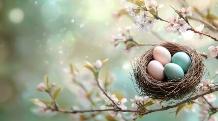 Pastel easter nest and eggs on green background with cherry blossom