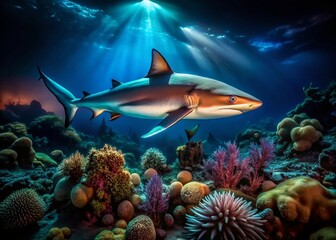 Blacktip Reef Shark Night Dive - Low Light Coral Scene