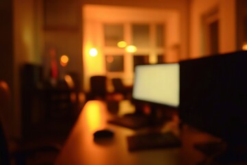 At night beautiful Abstract blurred office interior room. blurry working space with defocused effect.