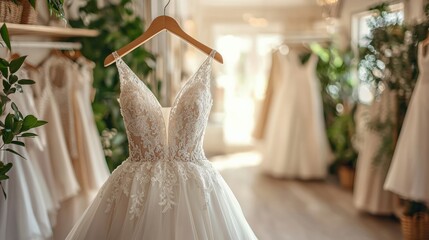  luxury wedding dress in bridal room background. Front view of stylish dress for wedding day. Beautiful clothes for bride. wedding concept. Copy Space