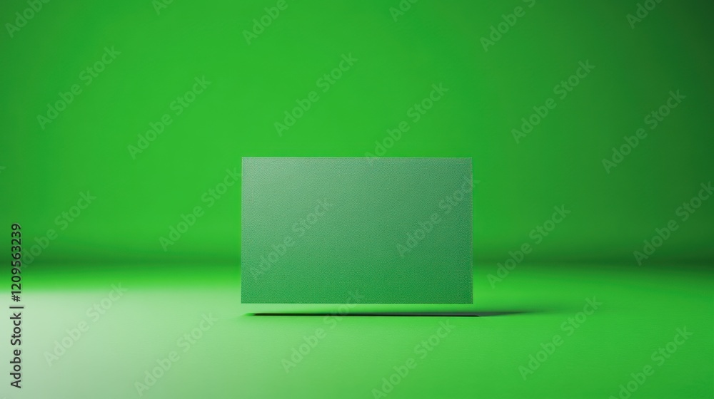 Poster a floating green textured rectangle against a solid green background in a studio setup