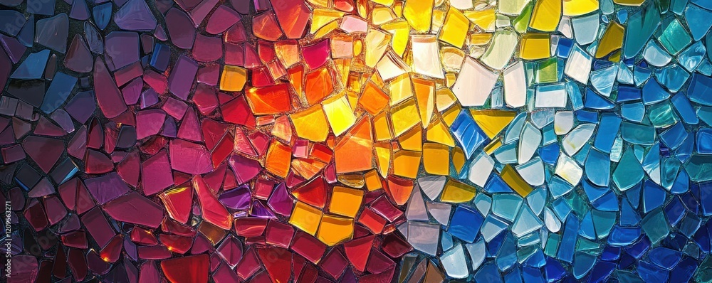 Poster a mosaic pattern made up of tiny pieces of colored glass, reflecting the light in a dazzling display