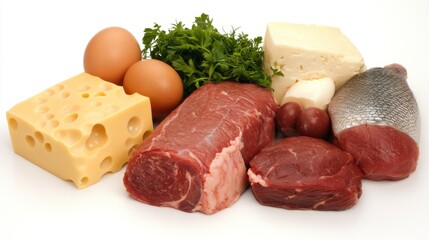 High-Protein Food Selection Meat, Cheese, Eggs, and Fish