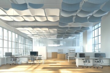 Modern office with floating, patterned acoustic ceiling panels.