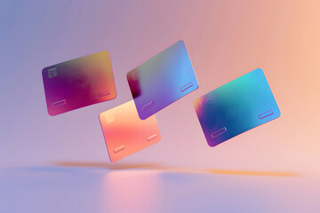  Three plastic identity cards floating in a surreal artistic style. Generative Ai.