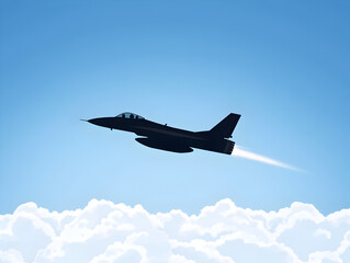 A flat vector of a military jet soaring above the clouds, symbolizing air dominance. Military jet flight.


