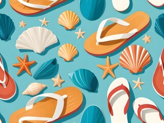 Naklejka premium Seashells and starfish scattered on a turquoise surface next to a pair of orange and white flip flops