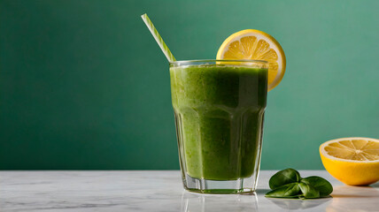 Fototapeta premium Smoothie spinach juice garnished with a lemon slice on a white table and green background