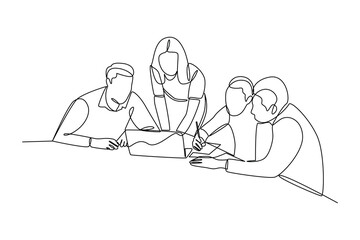 simple continuous line draw of work together in business team work. Business team work minimalist concept.