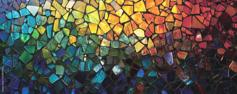 Poster a mosaic pattern made up of tiny pieces of colored glass, reflecting the light in a dazzling display