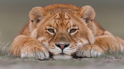 Obraz premium Lion cub resting, outdoors, blurred background, wildlife photography, website or print media