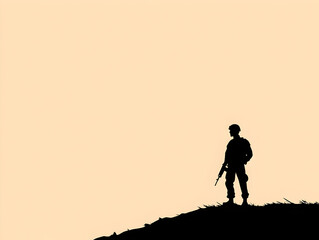 Naklejka premium A minimalist silhouette of a soldier patrolling a border, symbolizing security and vigilance. Soldier border patrol.