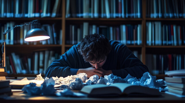 A person rests their head on a desk strewn with papers, illuminated by a lamp in a library. The image is categorized as “People” in an editing tool on a website
