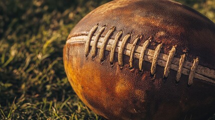 Worn Leather Football on Grass Field