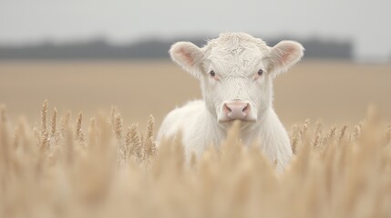 Obraz premium White calf in wheat field, rural landscape. Agriculture, livestock farming