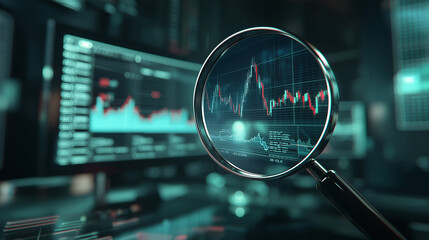 Magnifying glass focusing on a financial chart with rising lines, emphasizing analysis and data