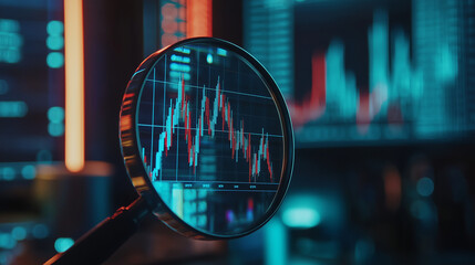 Magnifying glass focusing on a financial chart with rising lines, emphasizing analysis and data