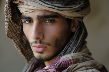 Portrait of a young berber man with intense brown eyes, wearing a traditional turban and clothes, conveying a sense of seriousness and cultural pride