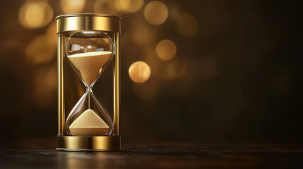 Hourglass with golden sand flowing through, placed on a dark wooden table, symbolizing time and money, against a blurred neutral background