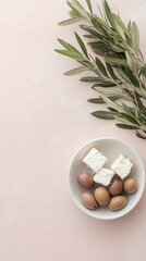 A bowl of feta cheese and olives sits on a pink background, adorned with fresh olive branches