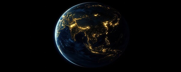 Obraz premium Planet Earth from space. Flickering lights of cities. Map of the mainland. Global communications system and the World Wide Web. Technologies and communications