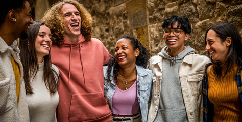 Diverse group of young people hugging together outdoors - Youth community concept with guys and girls having fun on city street