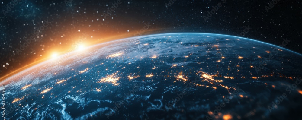 Poster planet earth with abstract glowing rings in orbit. global communication system and communication sat
