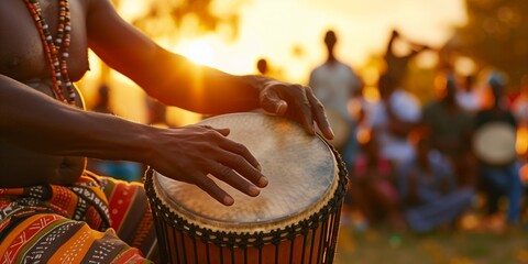 Hands playing a traditional African drum during a vibrant sunset gathering, with a blurred crowd in the background, highlighting rhythm, culture, and celebration in a warm, golden light