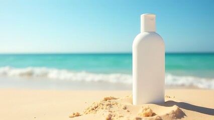A tube of white cosmetic cream without labels, the tube remains on the beach sand, the background is the sea.