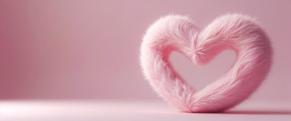 Pink fluffy heart shape on pink background. minimalist style.
