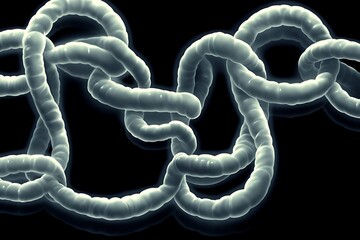 Intricate chain of glowing, interconnected tubes on black background.