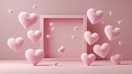 Pink Frame on pink background, pink fluffy hearts shape popup, minimalist style.