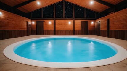 Hydrotherapy for beauty and wellness at the spa Modern indoor pool with wooden accents and starry ceiling.