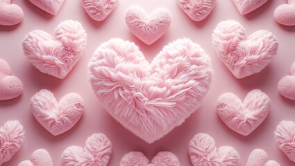 Pink fluffy hearts shape on pink background. minimalist style.