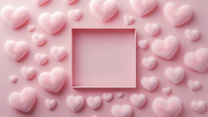 Pink Frame and pink fluffy hearts shape on pink background. minimalist style.