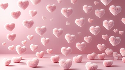 Valentine's day background, Pink fluffy hearts on pink background. minimalist style.