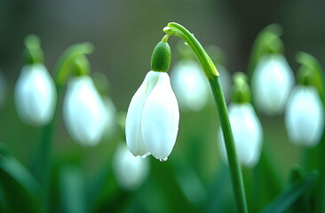 Close-up of a white snowdrop with dew droplets on a blurred background of snowdrops. Spring, nature is waking up. 