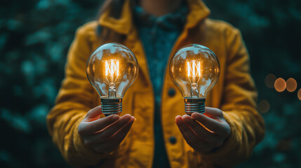 Fototapeta na wymiar Close-up of a person comparing two energy-efficient light bulbs, highlighting decisions to save on electricity bills.