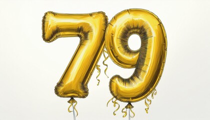 Gold birthday / anniversary party balloon, number 79, watercolor painting with white background