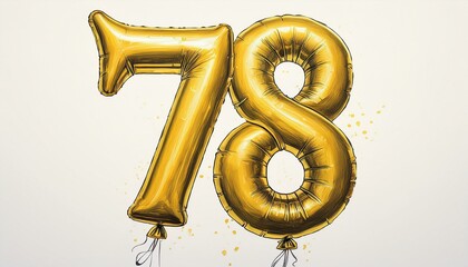Gold birthday / anniversary party balloon, number 78, watercolor painting with white background